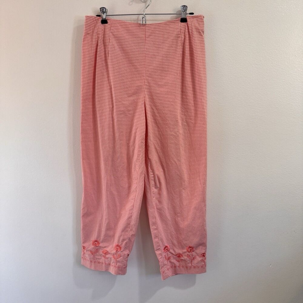 Talbots Pants 14W Gingham Check Floral Embroidered Crop Pink White Pleated